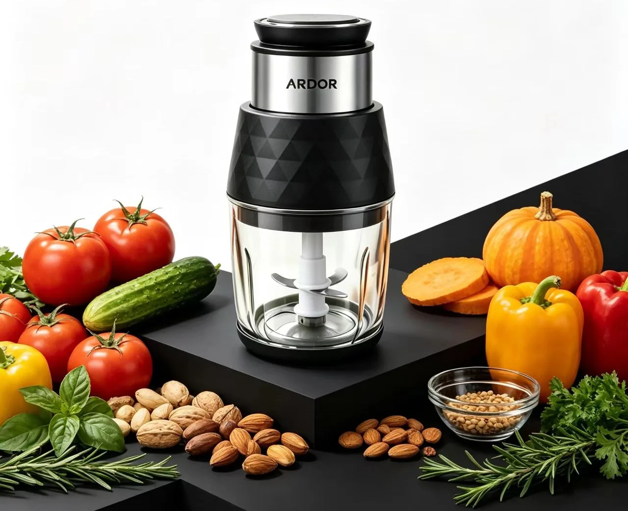 Prism in Obsidian with fresh vegetables and nuts